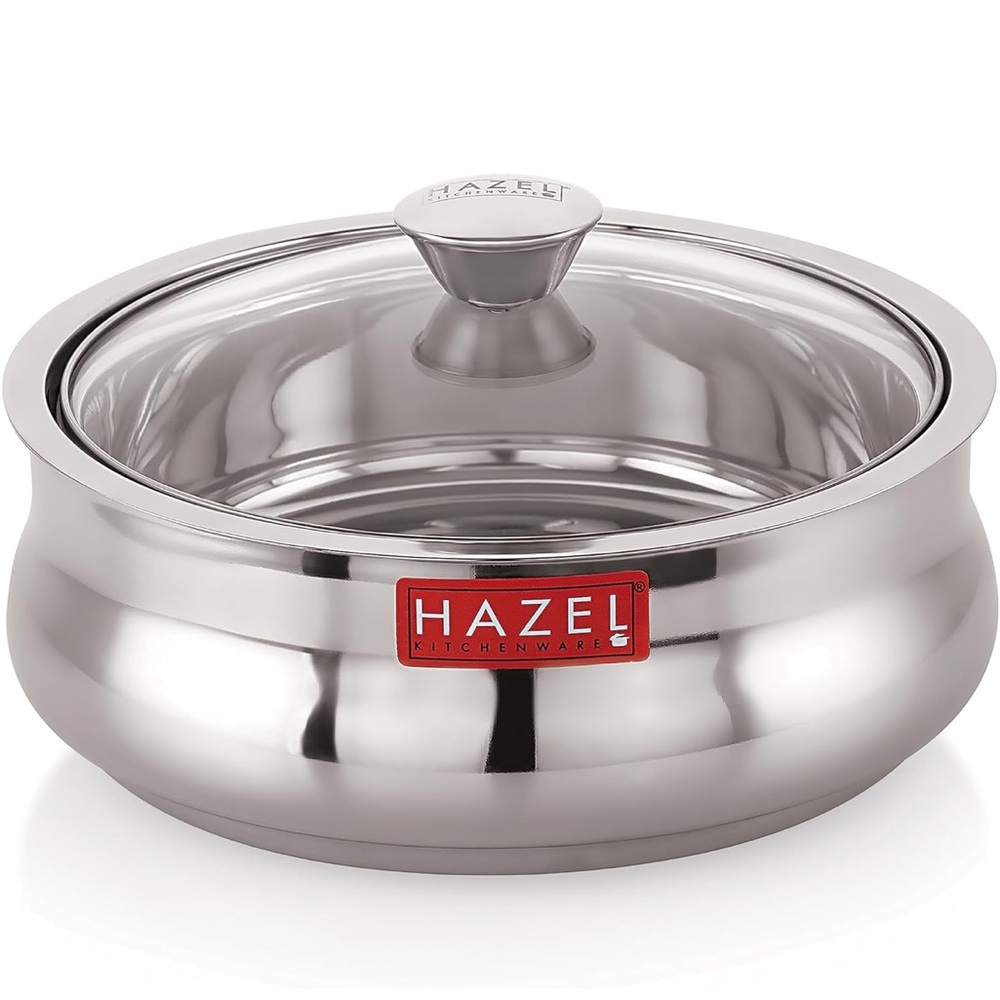 Hazel Stainless Steel Casserole For Seving With Transparent Glass Lid 1.3 Quarts